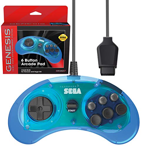 Product Cover Retro-Bit Official Sega Genesis Controller 6-Button Arcade Pad for Sega Genesis - Original Port  - Clear Blue