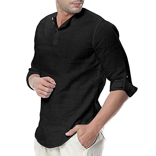 Product Cover WULFUL Mens Cotton Linen Henley Shirt Loose Fit Long Sleeve Casual T-Shirt Beach Yoga Tops