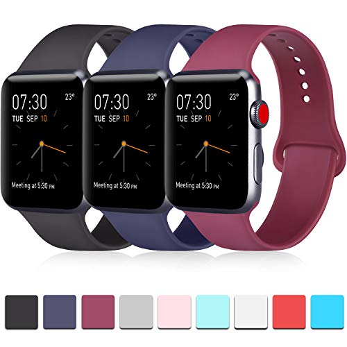 Product Cover Pack 3 Compatible with Apple Watch Band 42mm, Soft Silicone Band Compatible iWatch Series 4, Series 3, Series 2, Series 1 (Black/Navy Blue/Wine Red, 42mm/44mm-M/L)
