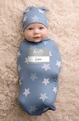 Product Cover Itzy Ritzy Cocoon and Hat Swaddle Set, Cutie Cocoon Includes Name Announcement Card and Matching Jersey Knit Cocoon and Hat Set, Perfect for Newborn Photos, for Ages 0 to 3 Months, Blue Stars