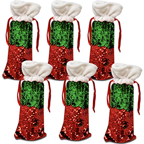 Product Cover Christmas Wine Bottle Bag Covers Pack of 6 Reversible Sequin Holiday Drawstring Pouch Holder for Wrapping Bottles Party Favor Decorations by Gift Boutique