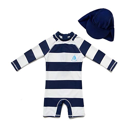 Product Cover upandfast Kids One Piece Zip Sunsuit with Sun Hat UPF 50+ Sun Protection Baby Beach Swimsuit (Stripe(LS), 9-12 Months)