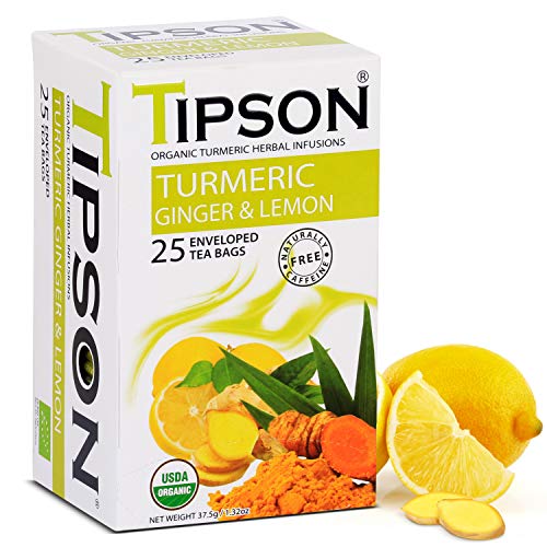 Product Cover Tipson Organic Turmeric Caffeine Free Herbal Tea - Organic Ginger And Lemon Flavor - 25 Foil Enveloped Double Chambered Bags - Keto/Paleo - Basilur