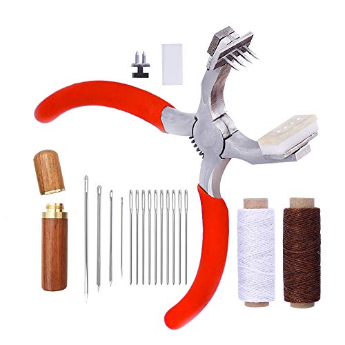 Product Cover Stitching Hole Punch BUTUZE,4mm Silent Leather Hand Pliers(Rhombus 4 Teeth and 2 Teeth) with Leather Needle,Wooden Needle Case,Waxed Thread for Belts, Straps, Saddles, Shoes, Fabric, Leather DIY