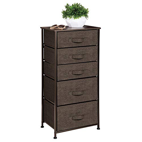 Product Cover mDesign Vertical Dresser Storage Tower - Sturdy Steel Frame, Wood Top, Easy Pull Fabric Bins - Organizer Unit for Bedroom, Hallway, Entryway, Closets - Textured Print - 5 Drawers - Espresso Brown
