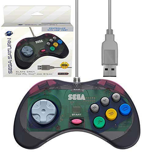 Product Cover Retro-Bit Official Sega Saturn USB Controller Pad (Model 1) (Old Version) for Sega Genesis Mini, PC, Mac, Steam, RetroPie, Raspberry Pi - USB Port - (Slate Grey)