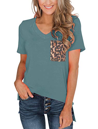 Product Cover Minclouse Women's Leopard/Sequin Pocket Summer Tops Short Sleeves V Neck T Shirt Casual Basic Tees with Side Slits