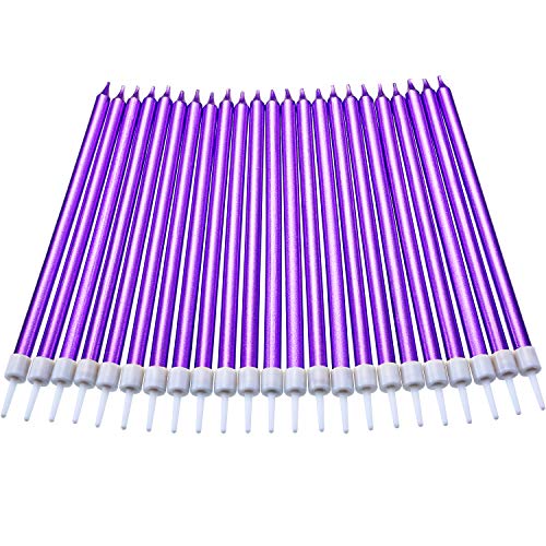 Product Cover Blulu 50 Pieces Birthday Cake Candles Thin Cake Cupcake Candles in Holders for Birthday Wedding Party Cake Decorations Supplies (Long, Purple)