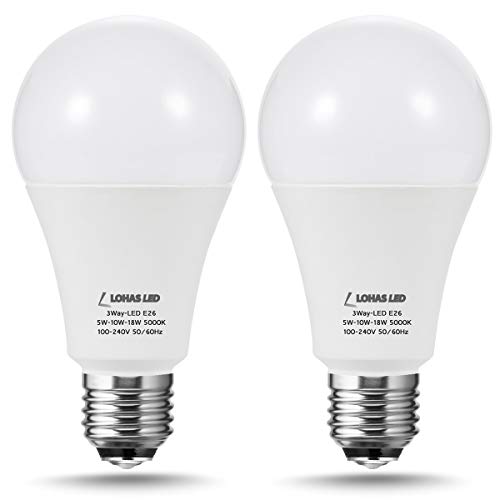Product Cover LOHAS 3-Way A21 LED Light Bulb 50/100/150W Equivalent, 5000K Daylight, Dimmable 3 Way LED Frosted Light Bulbs with E26 Medium Base for Floor Lamp, Night Stand Lamps, End Table, 600/1250/1850LM, 2Pack