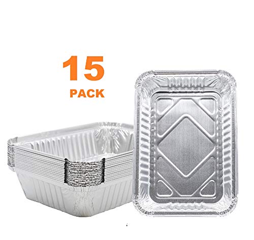 Product Cover DoKa Home (15-Pack) Aluminum Pans 8.5 x 6 x 1.5 inch Disposable Steam Table Pans. Foil Trays for Baking, Cooking, Broiling, Roasting. Small Size Chafing Silver Color Pans
