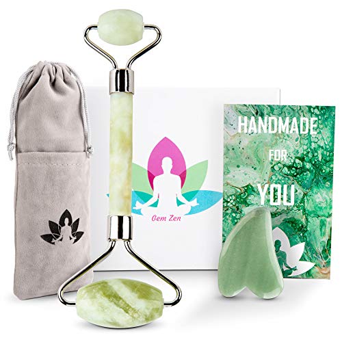 Product Cover Jade Roller For Face and Gua Sha - Facial Massage Stone Set - Real Jade 100% Natural Massager - Beauty Rollers for Skin Puffiness Wrinkles Anti Aging