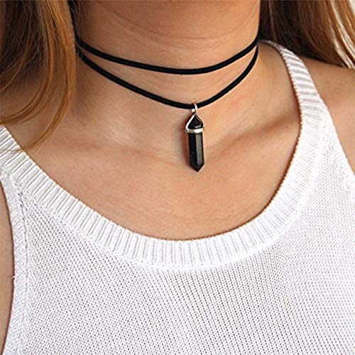 Product Cover Anglacesmade Layered Choker Necklace Crystal Choker Suede Choker Stone Pendant Necklace Bohemia Jewelry for Women and Girls(Black)