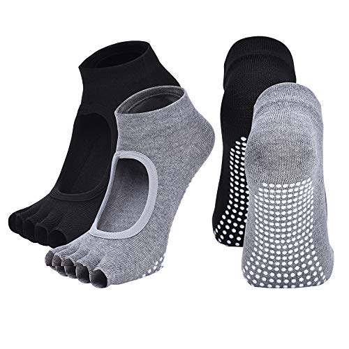 Product Cover Vanktion 2 Pairs Toeless Yoga Socks Non-Slip Grips for Pilates Ballet Dance Barefoot Workout Cotton Open Toe Women Sports Socks One Size, Black & Grey