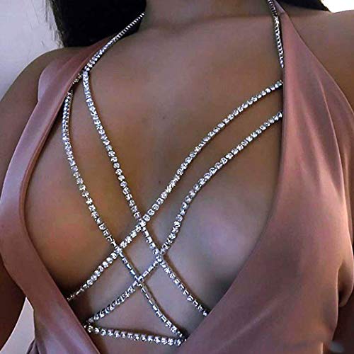 Product Cover Victray Boho Crystal Body Chains Summer Beach Bikini Chain Party Harness Body Chain Bra Fashion Body Accessories Jewelry for Women and Girls (Silver)