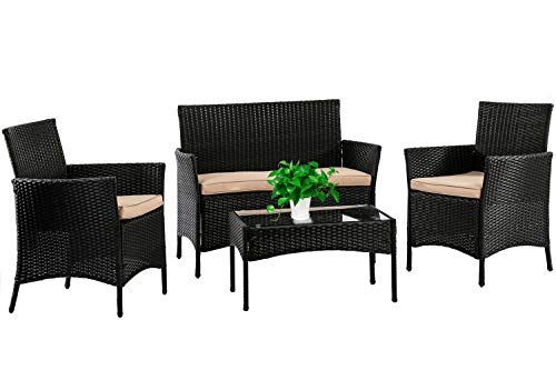 Product Cover Patio Furniture Set 4 Piece Outdoor Wicker Sofas Rattan Chair Wicker Conversation Set Coffee Table Bistro Sets For Pool Backyard Lawn,Black