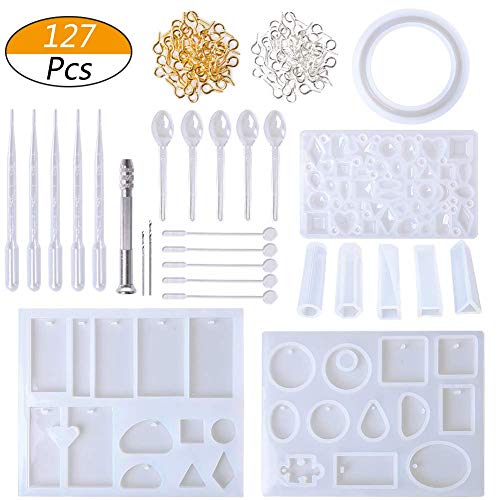 Product Cover Phoneix Resin Casting Molds and Tools Set, Include 127 Pieces Assorted Silicone Moulds, Stirrers, Droppers, Spoons, Hand Twist Drill and Screw Eye Pins for Pendant Jewelry Making