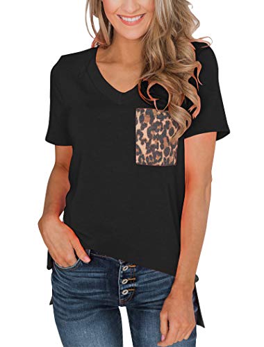 Product Cover Minthunter Women's Casual Basic Tops Short Sleeve V Neck T Shirt with Sequin/Leopard Pocket