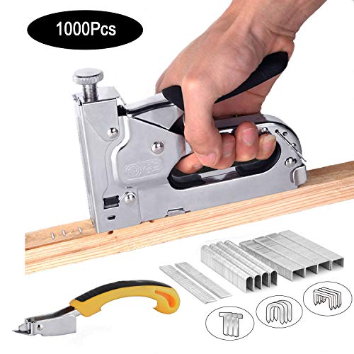 Product Cover 3-in-1 Staple Gun with Remover,Nail Puller, Upholstery Stapler, Heavy Duty Tacker Stainless Steel Brad Nail Gun, for Fixing Material, Carpentry, Furniture,Doors And Windows,1000 Staples (Sliver)