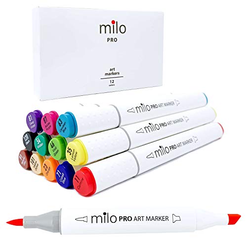 Product Cover Milo PRO 12 Professional Rubber Brush Tip Markers Set | Alcohol Based Dual Tip Chisel Brush Art Marker | Flexible Soft Brush Nib