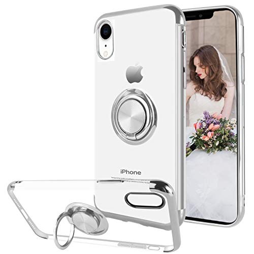 Product Cover Ownest Compatible with iPhone XR Case with Built-in 360 Rotatable Ring Kickstand Fit Magnetic Car Mount and Clear Transparent TPU Protective for iPhone XR-(Silver)