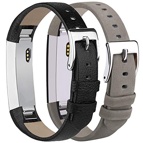 Product Cover Tobfit Leather Bands Compatible with Fitbit Alta/Alta HR Bands, Genuine Leather Replacement Wristbands, (Black+Suede Grey, 5.5''-8.1'')