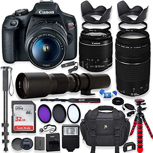 Product Cover Canon EOS Rebel T7 DSLR Camera with 18-55mm is II Lens Bundle + Canon EF 75-300mm f/4-5.6 III Lens and 500mm Preset Lens + 32GB Memory + Filters + Monopod + Spider Flex Tripod + Professional Bundle