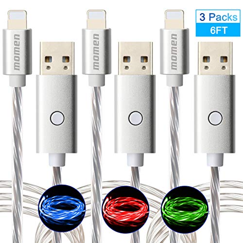 Product Cover LED iPhone Charger Cable, 6FT iPhone Charging Cord, for iPhone X/8/7/6, iPad pro, ipad air 2, ipad Mini 2, iPod Nano 7 and More,Visible Flowing Charger Cable with 5-Flash Mode(3 Packs)