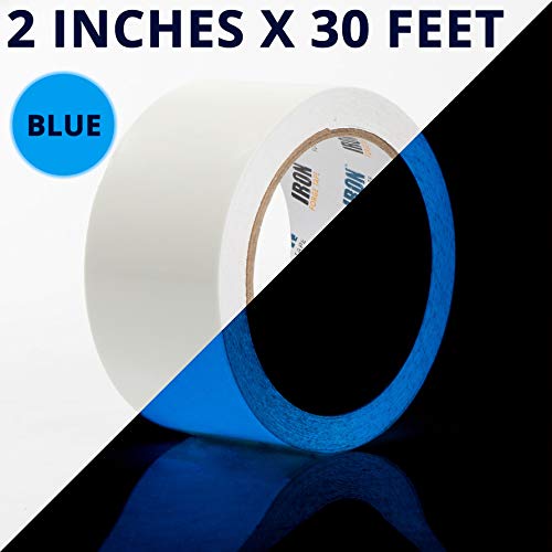 Product Cover Glow Tape - 2 Inch x 30ft Vinyl Adhesive Blue Glow-in-The-Dark Tape Roll - Lasts Up to 12 Hours