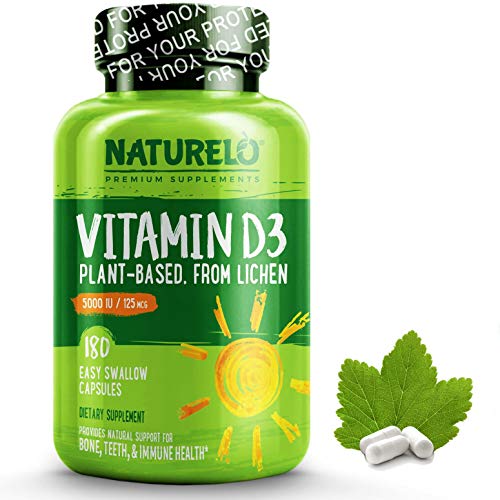 Product Cover NATURELO Vitamin D - 5000 IU - Plant Based - from Lichen - Best Natural D3 Supplement for Immune System, Bone Support, Joint Health - Whole Food - Vegan - Non-GMO - Gluten Free - 180 Capsules