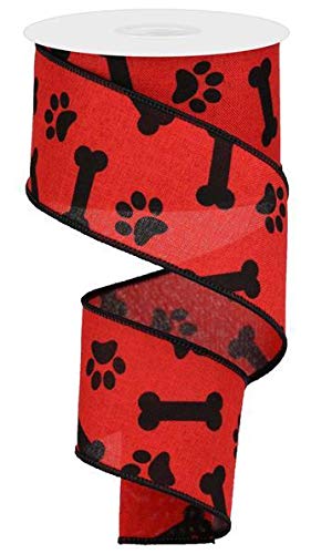 Product Cover Paw Print & Dog Bone Wired Edge Ribbon, 10 Yards (Red, Black, 2.5