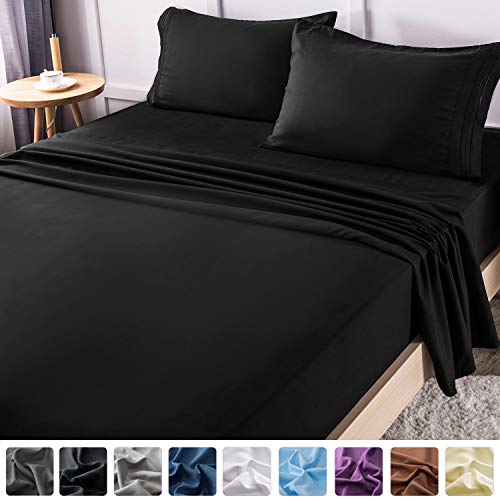 Product Cover LIANLAM Queen Bed Sheets Set - Super Soft Brushed Microfiber 1800 Thread Count - Breathable Luxury Egyptian Sheets 16-Inch Deep Pocket - Wrinkle and Hypoallergenic-4 Piece(Queen, Black)