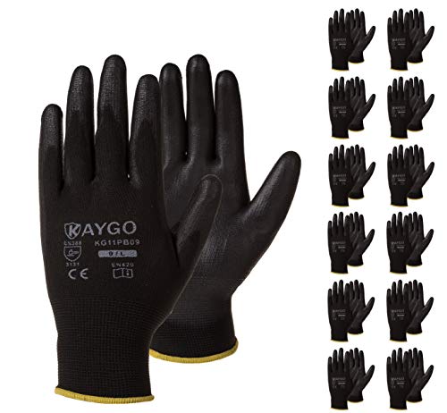 Product Cover Safety Work Gloves PU Coated-12 Pairs,KAYGO KG11PB, Seamless Knit Glove with Polyurethane Coated Smooth Grip on Palm & Fingers, for Men and Women, Ideal for General Duty Work (X-Large, Black)