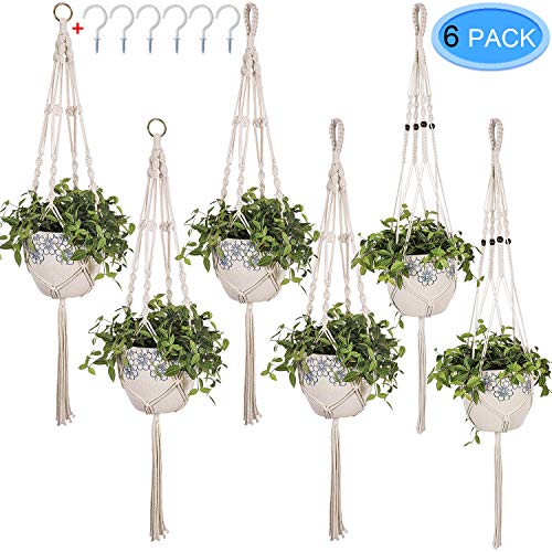 Product Cover Macrame Plant Hangers 6 Pack, MENOLY Plant Pot Holder Handmade Cotton Rope Hanging Planter Basket for Indoor Outdoor Home Decoration with 6Pcs Screw-in Ceiling Hooks, 41