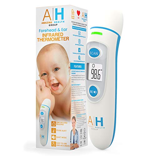 Product Cover New Digital Infrared Baby Thermometer by AMAZING HEALTH GROUP - Fast Accurate Scanning of Forehead and Ear with Fever Alert - Moms LOVE the EASE of USE- Works on Infants, Kids, Adults - F D A Approved