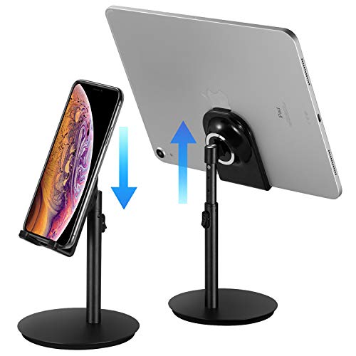 Product Cover Cell Phone Stand, Tablet Holder, SAIJI Height Adjustable Aluminum Stand Mount, Compatible with iPhone, Samsung Cell Phone, Tablet, iPad, Nintendo Switch, Kindle, Up to 10 Inch Screen (Black2)