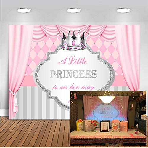 Product Cover Mocsicka Little Princess Baby Shower Photo Backdrop 7x5ft A Little Princess is on Her Way Pink Curtain Silver Crown Photo Booth Backdrops Gray Stripe Photography Background