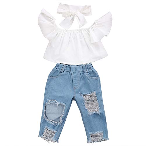 Product Cover 3Pcs Toddler Girl Sunflower Off Sloulder Top Ruffle Blouse + Blue Ripped Long Jeans + Yellow Bowknot Headband Sets