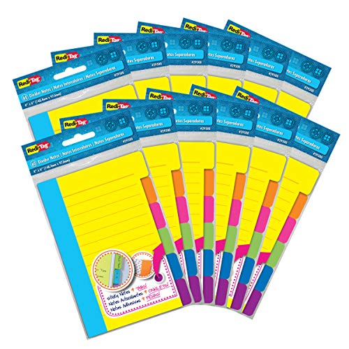 Product Cover Redi-Tag Divider Sticky Notes, Tabbed Self-Stick Lined Note Pad, 60 Ruled Notes per Pack, 4 x 6 Inches, Assorted Neon Colors, 12 Pack (29512)