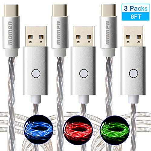 Product Cover momen USB Type C Cable, Led USB C Cable 6FT, Fast Charging Cord for Samsung Galaxy S10 S9 S8 Note 9 10, Pixel, LG V30 G6 G5 (3 Packs)