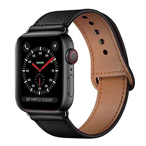 Product Cover KYISGOS Compatible with iWatch Band 44mm 42mm, Genuine Leather Replacement Band Strap Compatible with Apple Watch Series 5 4 3 2 1 42mm 44mm, Black
