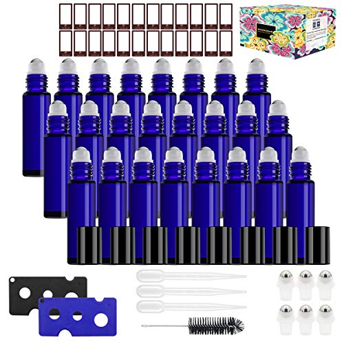 Product Cover Glass Roller Bottles，24 Pack 10ml Cobalt Blue Roller Bottles for Essential Oils Roller Bottles with Stainless Steel Roller Balls (1 Brush, 24 Labels, 3 Droppers, 6 Extra Roller Balls, 2 Openers)