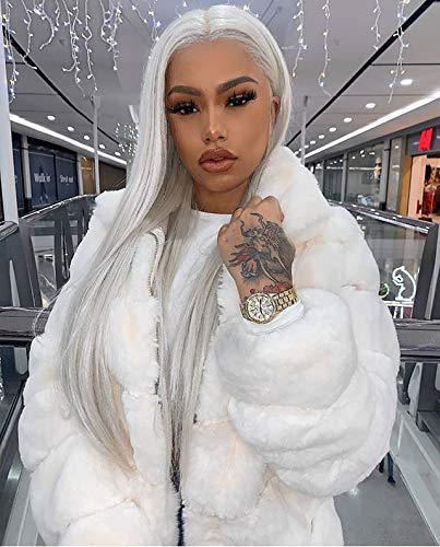 Product Cover Sapphirewigs Gray Silvery White Color Natural Straight Hairline Kanekalon Futura Hair No-Tangle Natural Hairline 6''×13''Big Lace Freedom Part Daily Makeup Synthetic Lace Front Wigs