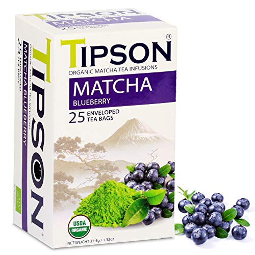 Product Cover Tipson Organic Matcha Green Tea - Blueberry Flavor - 25 Foil Enveloped Double Chambered Bags - Antioxidant Benefits - Energy Supplement - Keto/Paleo