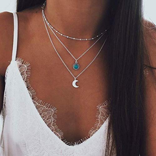 Product Cover Asooll Bohemian Turquoise Layer Half-Moon Necklace Chain Silver Crescent Choker Necklace for Women
