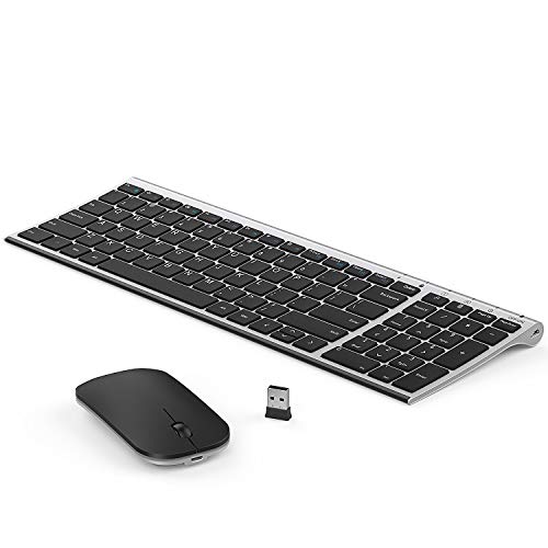 Product Cover Rechargeable Wireless Keyboard Mouse, Seenda Ultra Small Compact Low Profile Keyboard and Mouse Combo with Number Pad(Aluminum Base, Long Battery Life)-Silver and Black