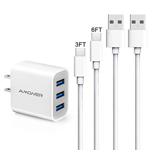 Product Cover Amoner Wall Charger, USB Type C Cable 3ft/6ft 15W 3-Port Compact Wall Charger with USB C Cord for Samsung Galaxy S10/S9/S9+/S8/S8+, Note 9/8, Google Pixel 3 2 XL, LG V30/V20, Nintendo Switch, More