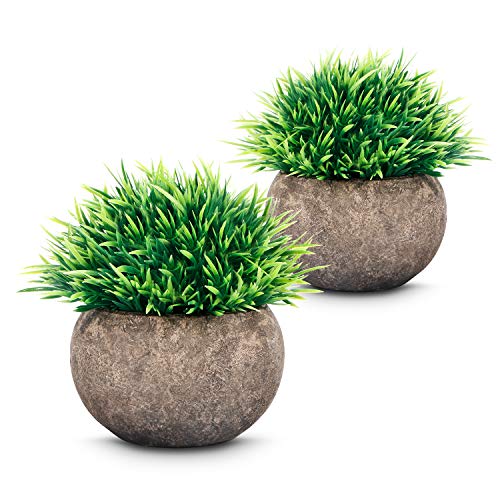 Product Cover Artificial Plants (2 pcs), Mini Fake Plants with Air Purifying, Small Potted Plastic Green Grass for Farmhouse Home Kitchen Living/Bathroom and Office Decor (2019 New Version)