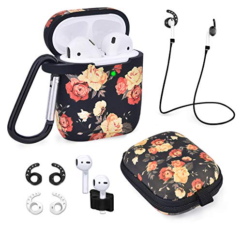 Product Cover Airpods Case Silicon Protective Cover AIRSPO 7 in 1 Airpods Accessories Set Compatible with Apple Airpods 1 & 2 Rose Print Cute Case Skin [Front LED Not Visible] (Black+Rose 7 in 1)