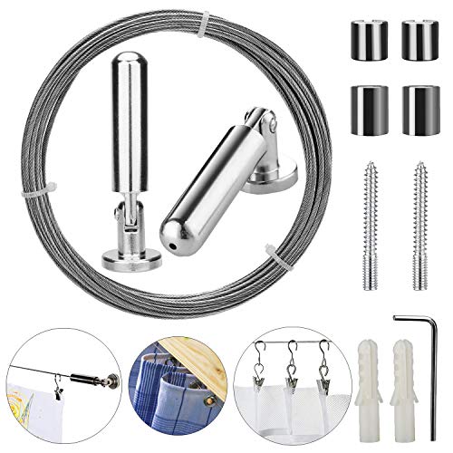 Product Cover Pinowu Wall Mount Curtain Wire Rod Set for Art Display - Stainless Steel Photo Hanging Wire Clothesline Wire Window Curtain Tension Wire Multi-Purpose Crafts Organizer (5 Meter)