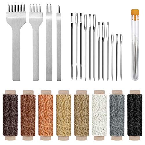 Product Cover Cridoz 24 Pcs Leather Sewing Tools Stitching Pouch Kit with 4mm Prong Punch Stitching Chisel, Waxed Thread and Large-Eye Stitching Needles for Beginner Leather Sewing Working Crafting Projects